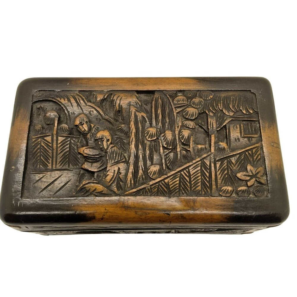 Antique Camphor Wood Intricately Hand Carved Box Jewelry Trinket Early 1900's
